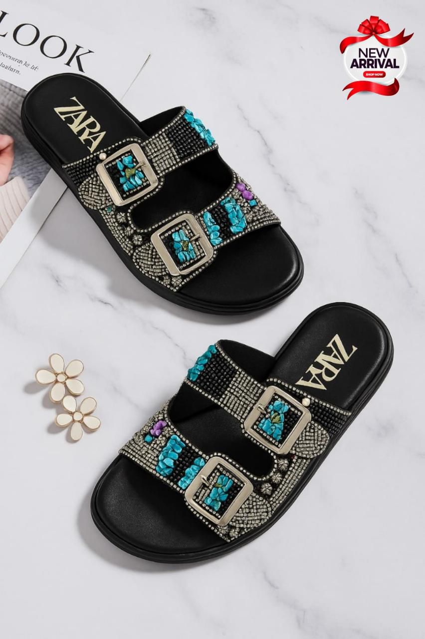 Artisan Beaded Double-Strap Slide Sandals Medicated PU Sole