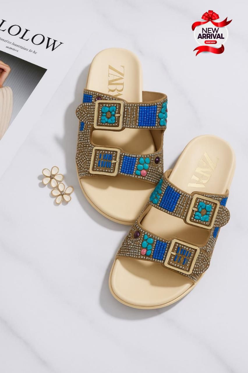 Artisan Beaded Double-Strap Slide Sandals Medicated PU Sole