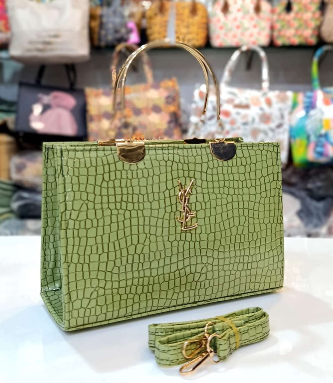 Structured Faux Croc Embossed Handbag with Signature Metallic Initial Accent