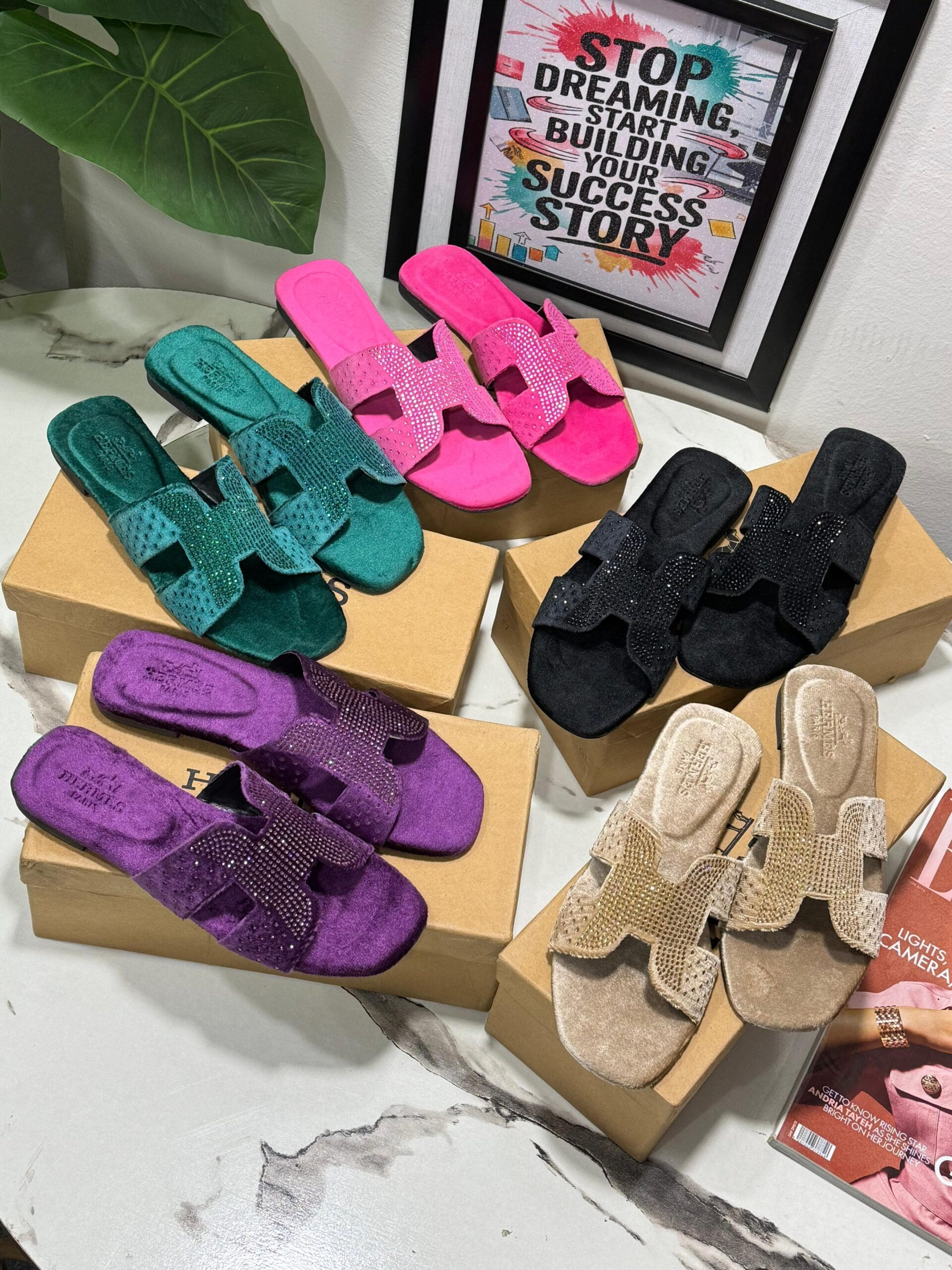 Velvet H Cutout Slide Sandals with Micro Crystal Embellishments Luxe Comfort Slipper