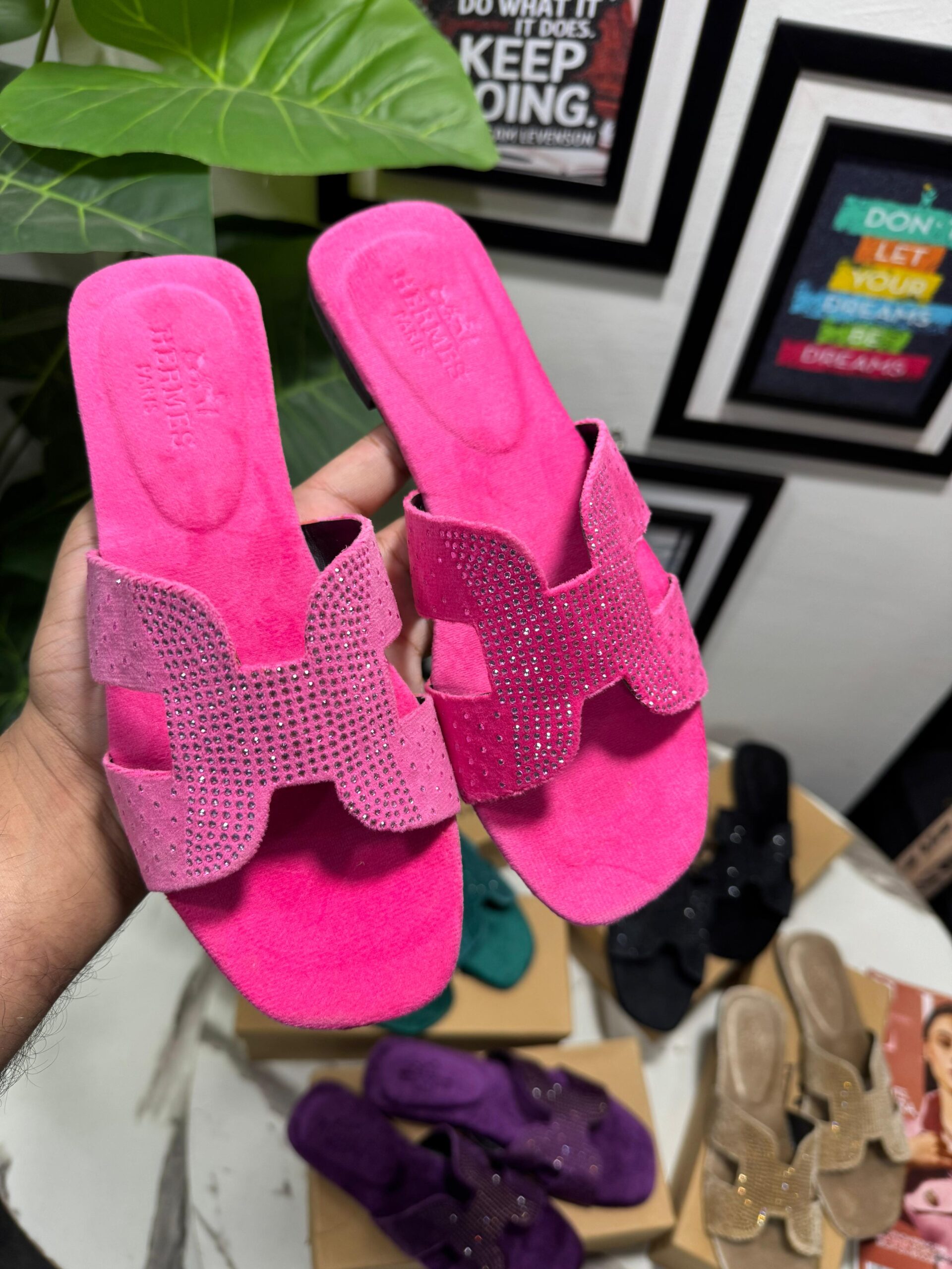 Velvet H Cutout Slide Sandals with Micro Crystal Embellishments Luxe Comfort Slipper