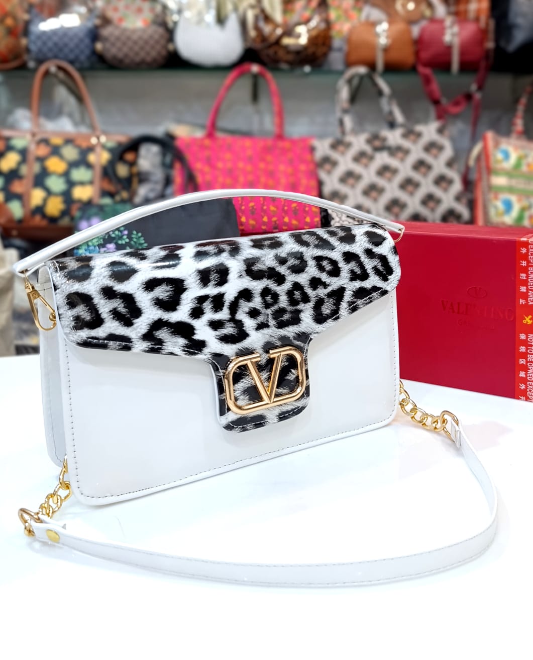 white with black print