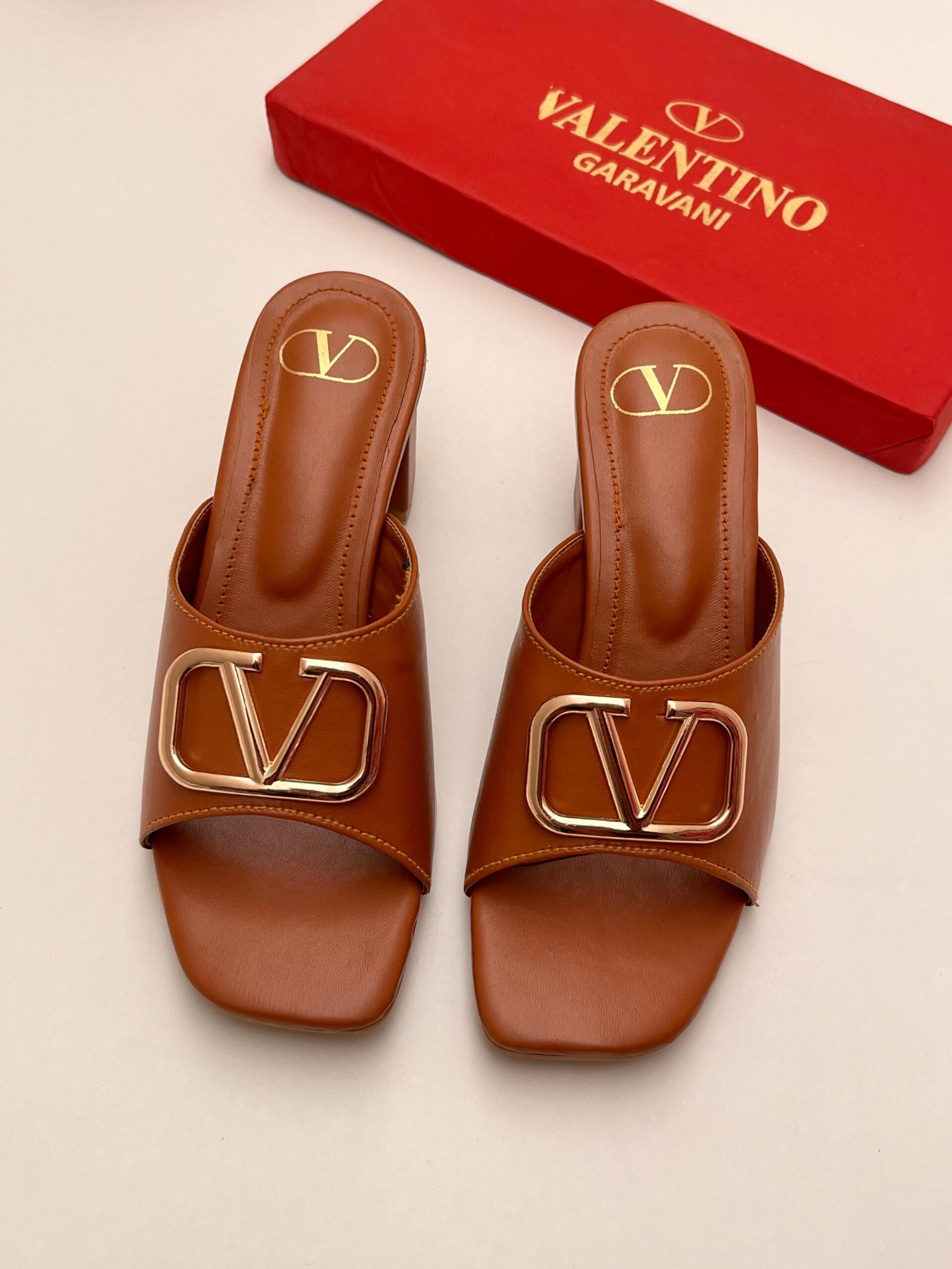 Premium Elegant V-Logo Block Heel Slide Sandals